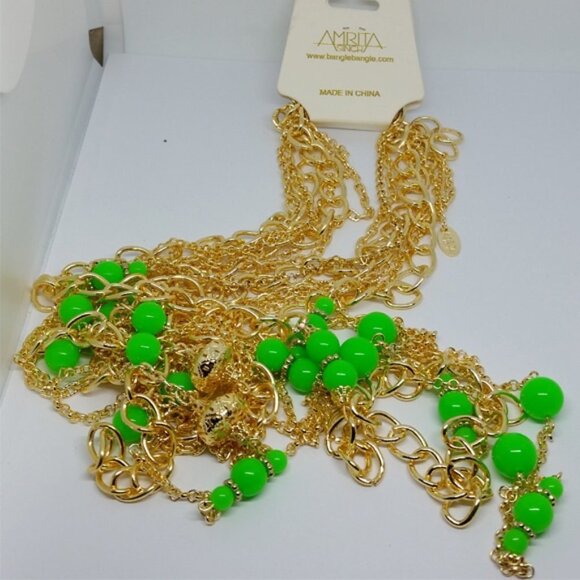 NEW Amrita Singh Neon green bead and golden chain statement necklace - Picture 1 of 3